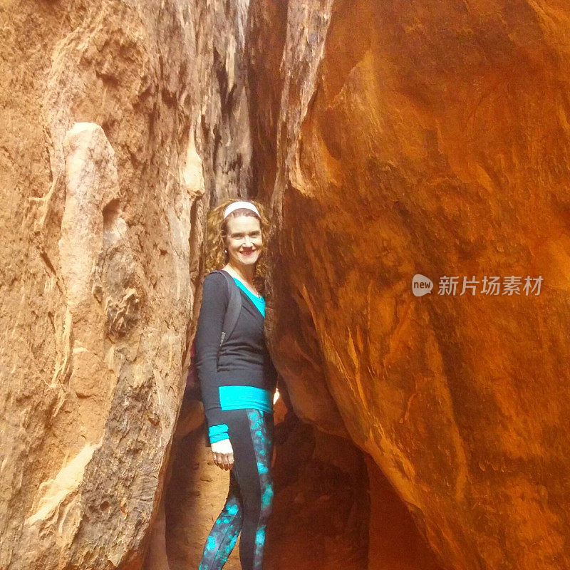 Female Woman Hiker, Slot Canyon, Fiery Furnace, Arches Park, Utah